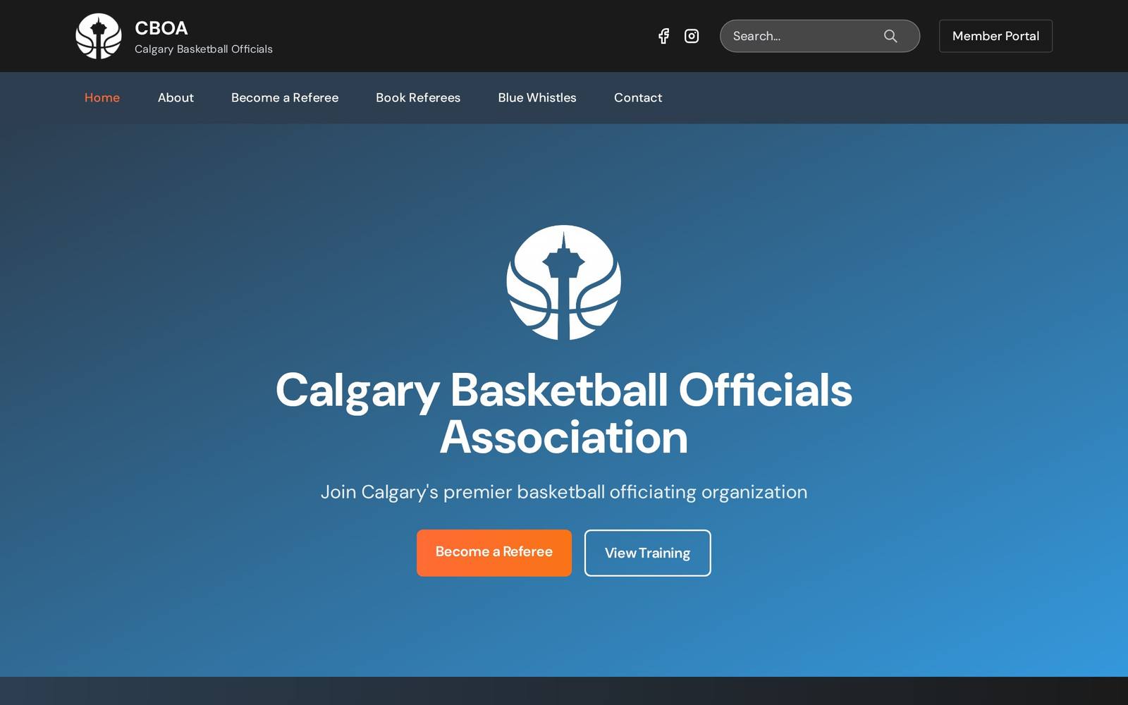 The Calgary Basketball Officials Association homepage on a desktop browser