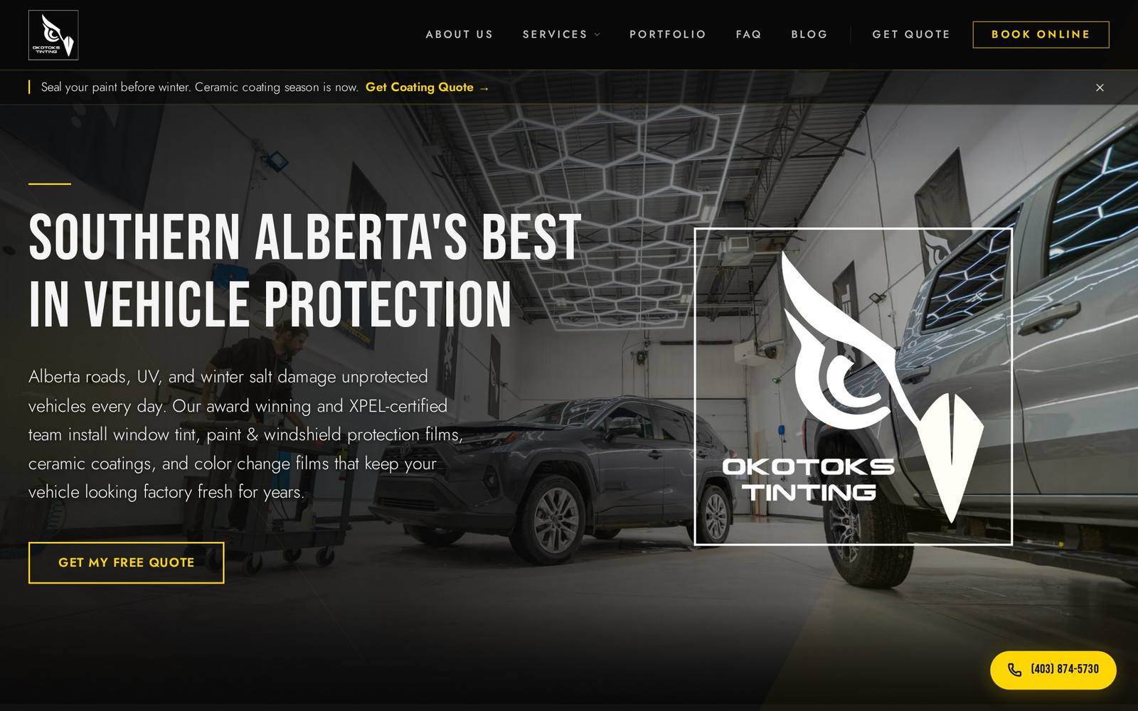 The Okotoks Window Tinting homepage on a desktop browser
